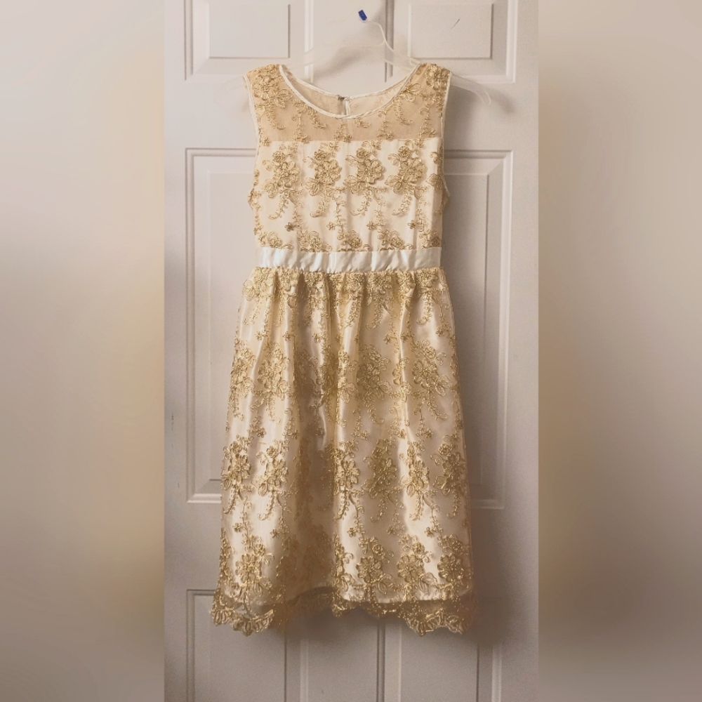 Elegant Child's Gold Embroidered Cream & Gold Dress